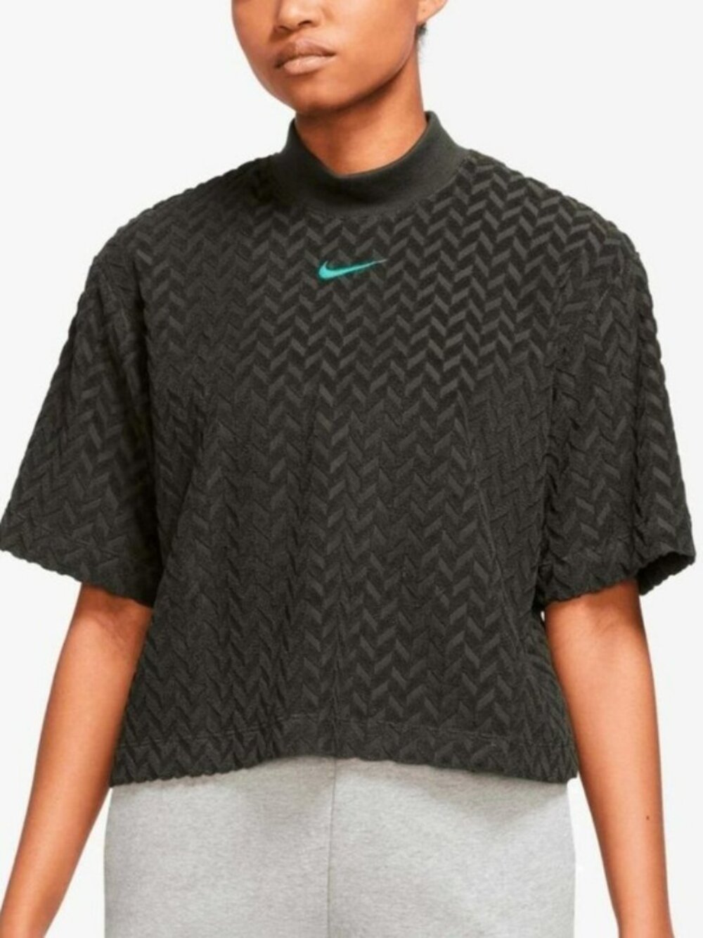 Nike Everyday Modern Allover Jacquard Boxy Green Top Center Swoosh SZ Small Y2K